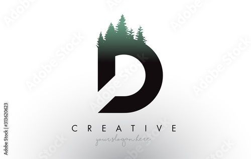 Creative D Letter Logo Idea With Pine Forest Trees. Letter D Design With Pine Tree on Top