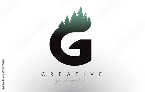 Creative G Letter Logo Idea With Pine Forest Trees. Letter G Design With Pine Tree on Top