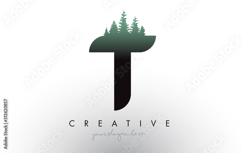 Creative T Letter Logo Idea With Pine Forest Trees. Letter T Design With Pine Tree on Top