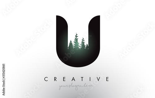 Creative U Letter Logo Idea With Pine Forest Trees. Letter U Design With Pine Tree on Top