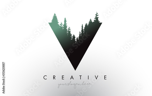 Creative V Letter Logo Idea With Pine Forest Trees. Letter V Design With Pine Tree on Top