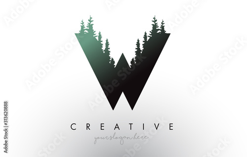 Creative W Letter Logo Idea With Pine Forest Trees. Letter W Design With Pine Tree on Top