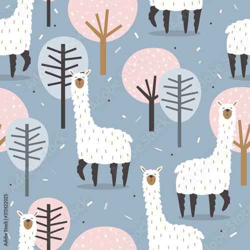 Lamas, trees,  hand drawn backdrop. Colorful seamless pattern with animals and forest. Decorative cute wallpaper, good for printing. Overlapping background vector, happy alpacas. Llama