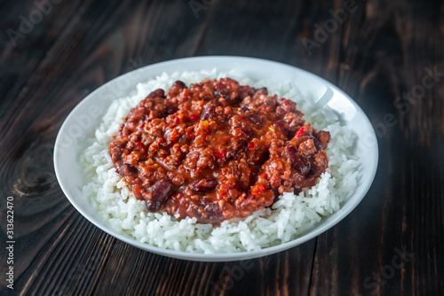 Chili con carne served with white rice