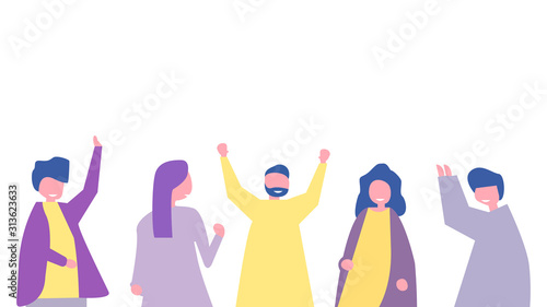 Group of young happy dancers or men and women isolated on a white background. Smiling young men and women enjoy a dance party. Flat style. Vector illustration