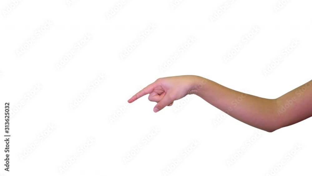 hand of young girl pointing over white screen hand of young girl pointing over white screen
