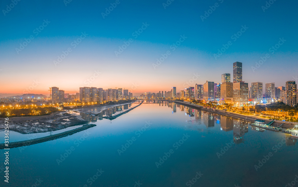 Urban night view of CBD of strait financial street and CBD of jiangnan district, fuzhou city, fujian province, China