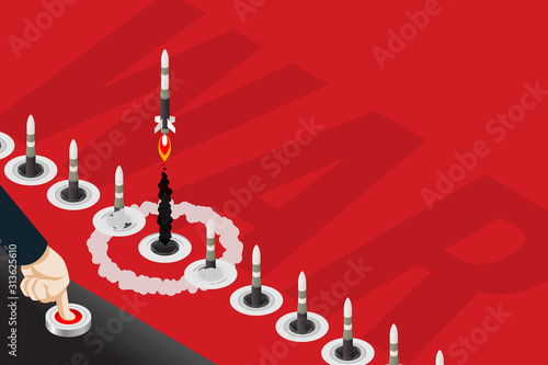 Isometric hand is pressing the red button to send a missile into the sky. This may cause the beginning of the world war.