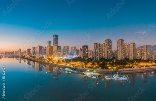 Urban night view of CBD of strait financial street and CBD of jiangnan district  fuzhou city  fujian province  China