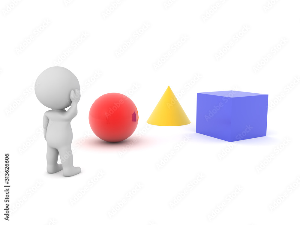 3D Character looking at geometric shapes, a cube, a shere and cone 3D Character looking at geometric shapes, a cube, a shere and cone