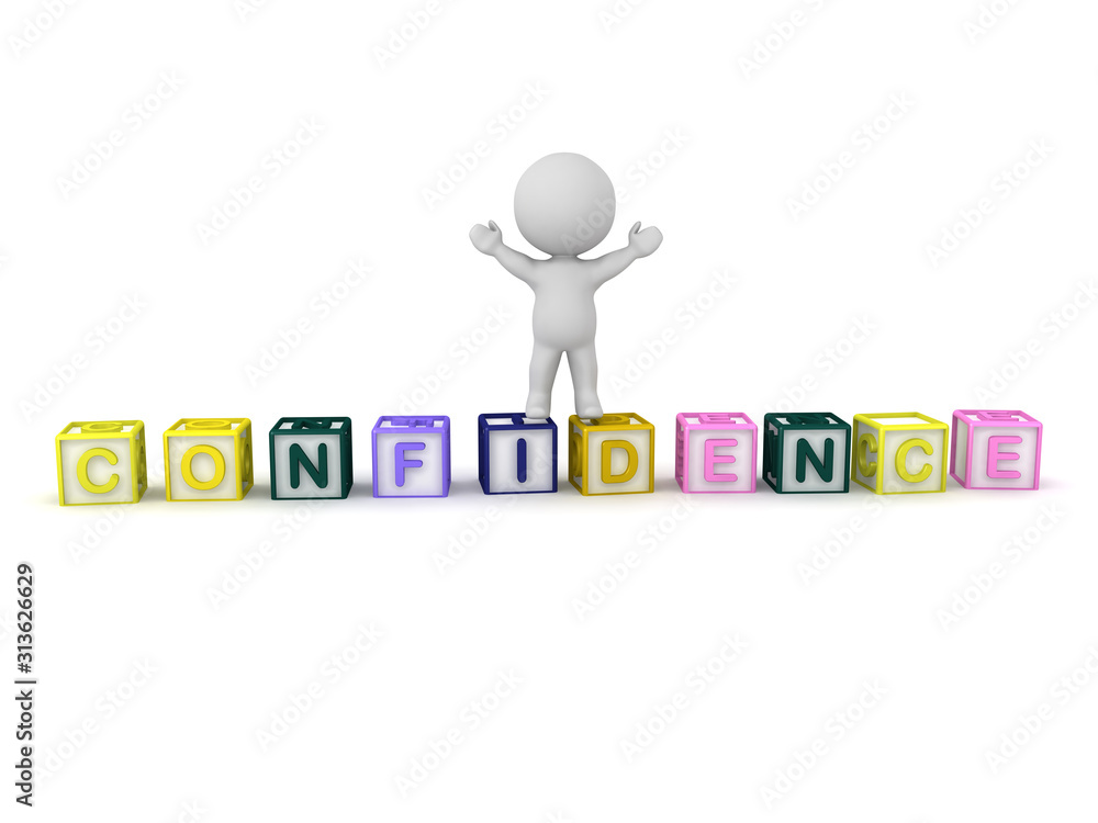 3D Character standing on top of letters saying CONFIDENCE 3D Character standing on top of letters saying CONFIDENCE