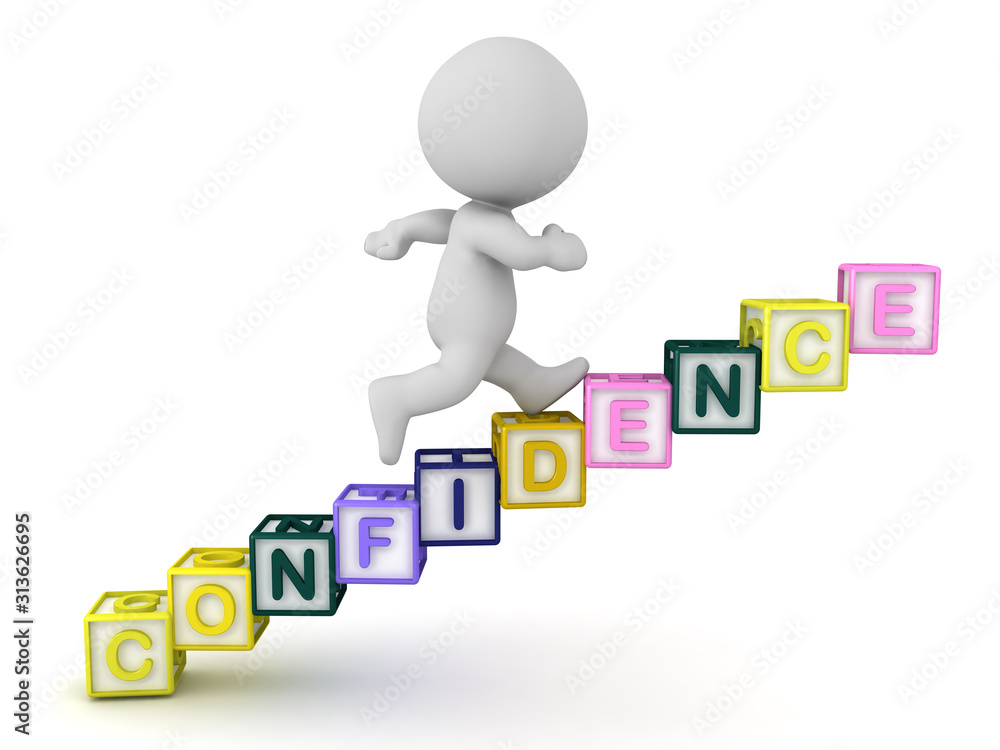 3D Character running up stairs which spell the word CONFIDENCE 3D Character running up stairs which spell the word CONFIDENCE