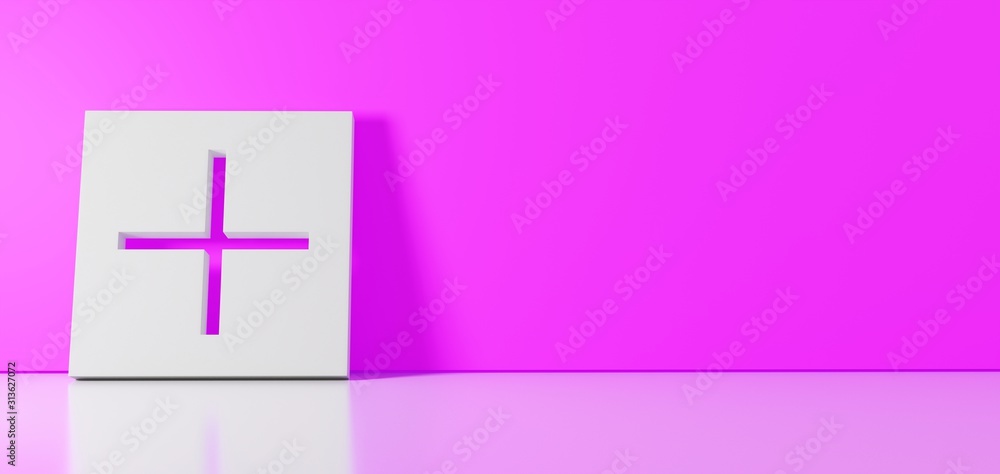 3D rendering of white plus symbol icon leaning on color wall with floor reflection with empty space on right side 3D rendering of white plus symbol icon leaning on color wall with floor reflection with empty space on right side