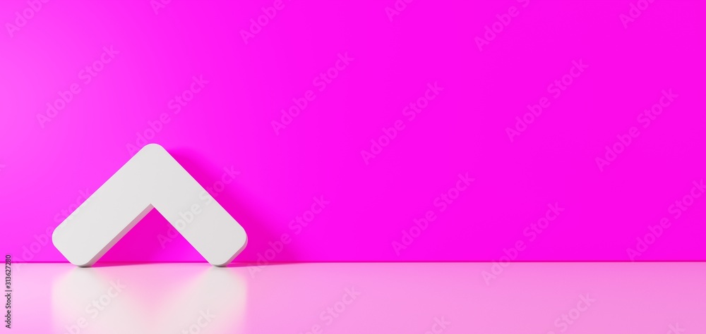 3D rendering of white symbol of angle up icon leaning on color wall with floor reflection with empty space on right side 3D rendering of white symbol of angle up icon leaning on color wall with floor reflection with empty space on right side