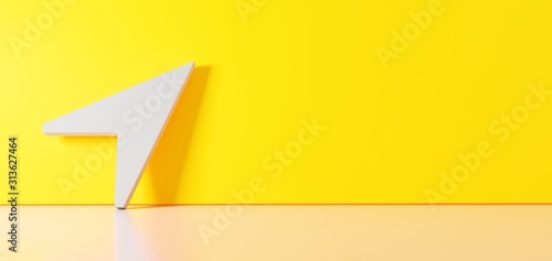 3D rendering of white symbol of compass needle  icon leaning on color wall with floor reflection with empty space on right side