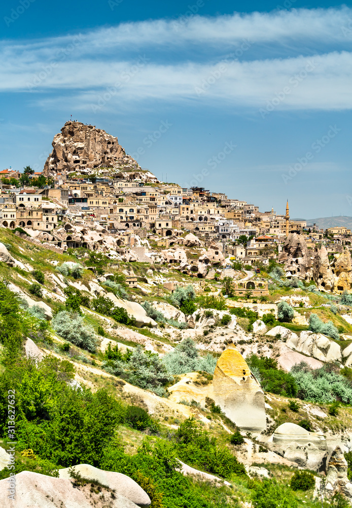 View of Uchisar from Pigeon Valley in Cappadocia, Turkey