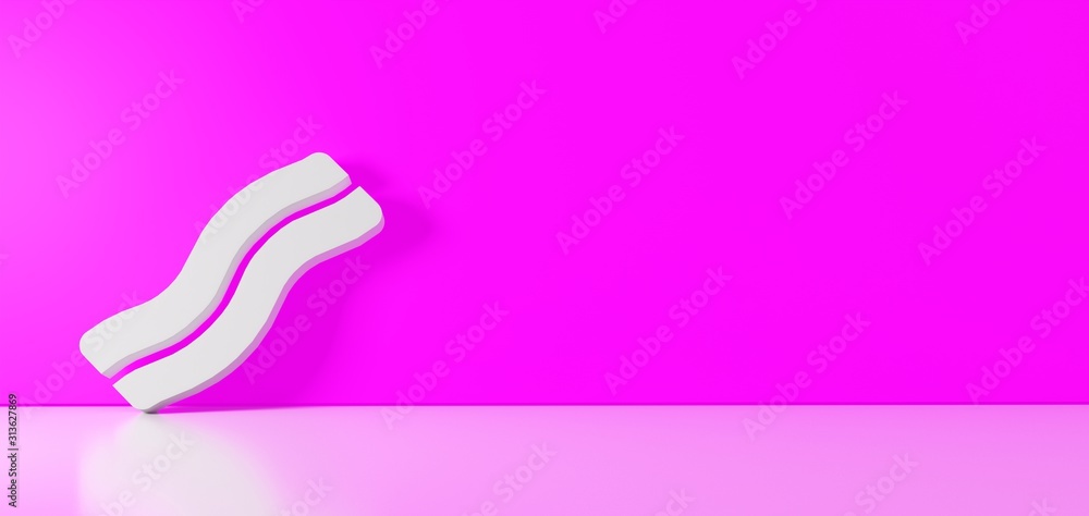 3D rendering of white symbol of bacon icon leaning on color wall with floor reflection with empty space on right side