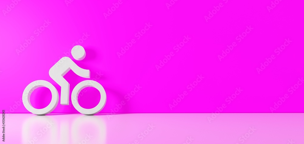 3D rendering of white symbol of bike with rider icon leaning on color wall with floor reflection with empty space on right side