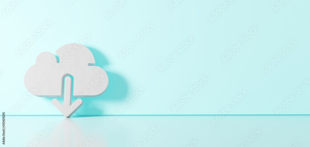 3D rendering of white symbol of download from cloud icon leaning on color wall with floor reflection with empty space on right side