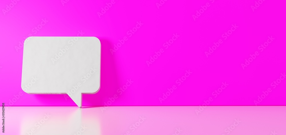 3D rendering of white symbol of rectangular chat bubble icon leaning on color wall with floor reflection with empty space on right side 3D rendering of white symbol of rectangular chat bubble icon leaning on color wall with floor reflection with empty space on right side