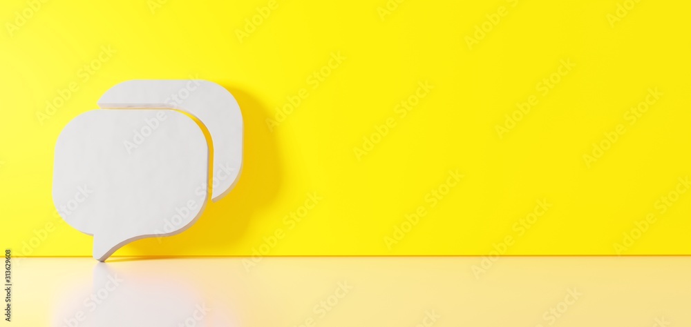3D rendering of white symbol of rounded chat bubbles icon leaning on color wall with floor reflection with empty space on right side 3D rendering of white symbol of rounded chat bubbles icon leaning on color wall with floor reflection with empty space on right side