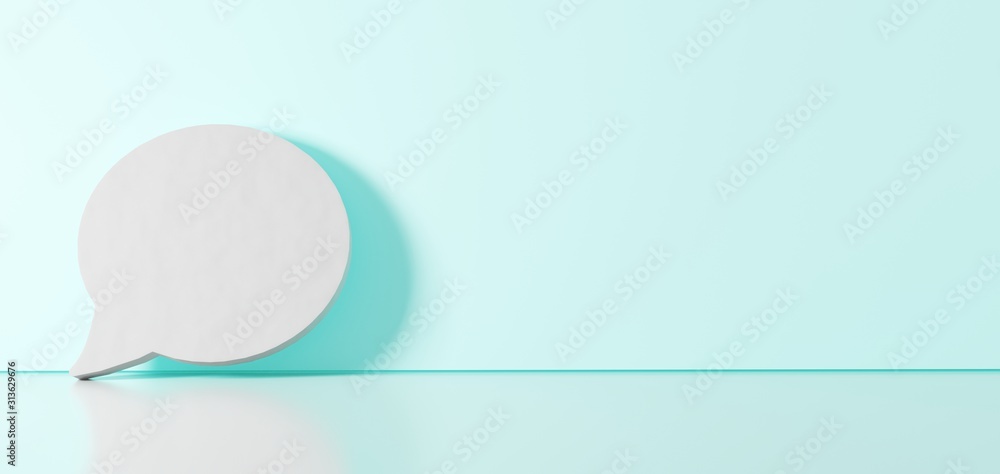 3D rendering of white symbol of rounded chat bubble icon leaning on color wall with floor reflection with empty space on right side 3D rendering of white symbol of rounded chat bubble icon leaning on color wall with floor reflection with empty space on right side