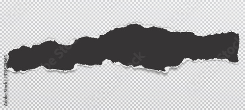 Piece of torn black paper strip with soft shadow is on white squared background. Vector illustration