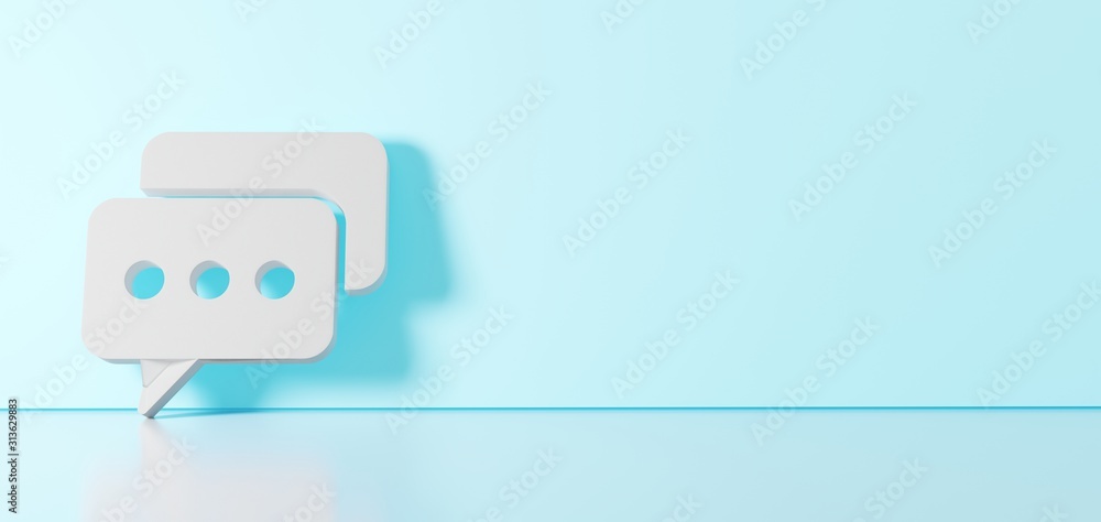 3D rendering of white symbol of two rounded chat bubbles icon leaning on color wall with floor reflection with empty space on right side 3D rendering of white symbol of two rounded chat bubbles icon leaning on color wall with floor reflection with empty space on right side