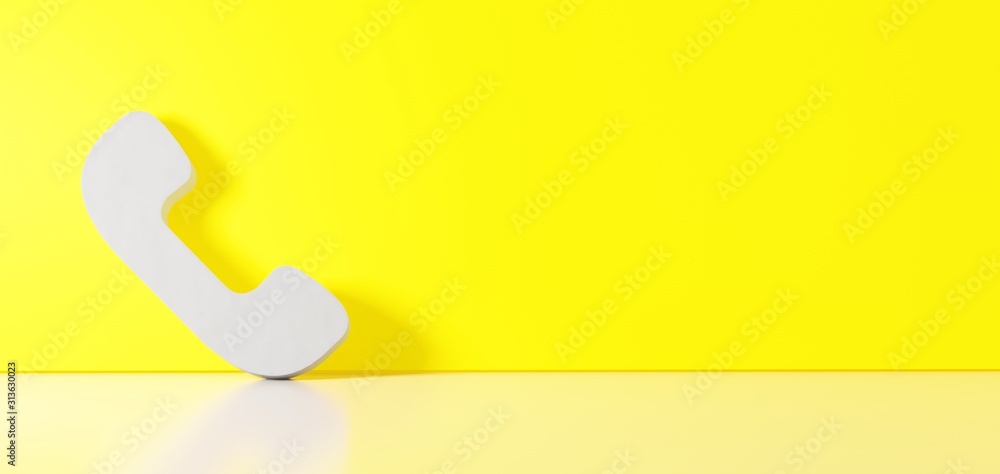 3D rendering of white symbol of communication phone icon leaning on color wall with floor reflection with empty space on right side 3D rendering of white symbol of communication phone icon leaning on color wall with floor reflection with empty space on right side