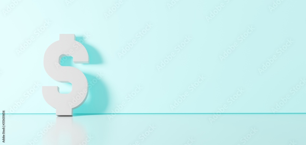 Obraz premium 3D rendering of white symbol of dollar icon leaning on color wall with floor reflection with empty space on right side