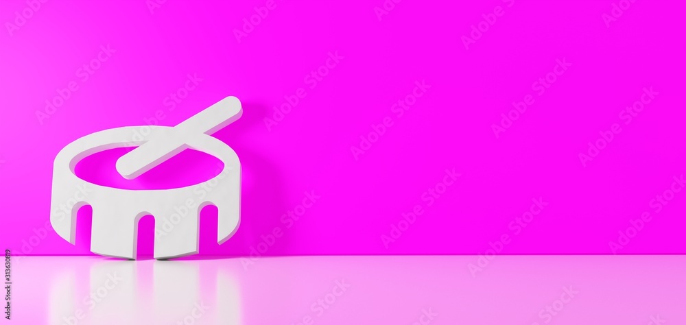 3D rendering of white symbol of drum icon leaning on color wall with floor reflection with empty space on right side