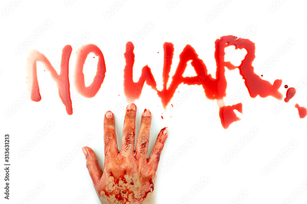 No war word is written with finger bloody on a white background No war word is written with finger bloody on a white background