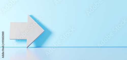 3D rendering of white symbol of forward right arrow button icon leaning on color wall with floor reflection with empty space on right side