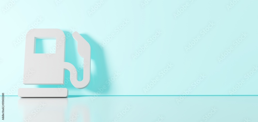 3D rendering of white symbol of gas pump icon leaning on color wall with floor reflection with empty space on right side 3D rendering of white symbol of gas pump icon leaning on color wall with floor reflection with empty space on right side