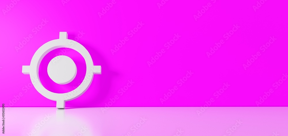 3D rendering of white symbol of gps fixed indicator icon leaning on color wall with floor reflection with empty space on right side 3D rendering of white symbol of gps fixed indicator icon leaning on color wall with floor reflection with empty space on right side