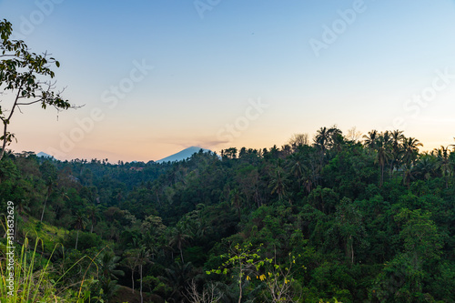 Morning at the jungles. Mount Agung during sunrise view from Campuhan Ridge Walk, Ubud, Bali island, Indonesia.