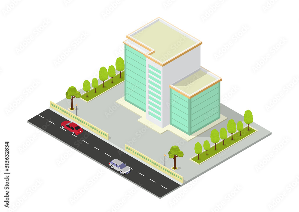 vector isometric hotel, office, apartment, or skyscraper building