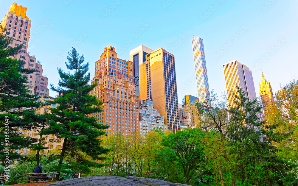 Obraz premium Central park New York West, great design for any purposes. Midtown Manhattan, USA. View with Skyline of Skyscrapers architecture in NYC. Nature background. Urban cityscape. NY, US