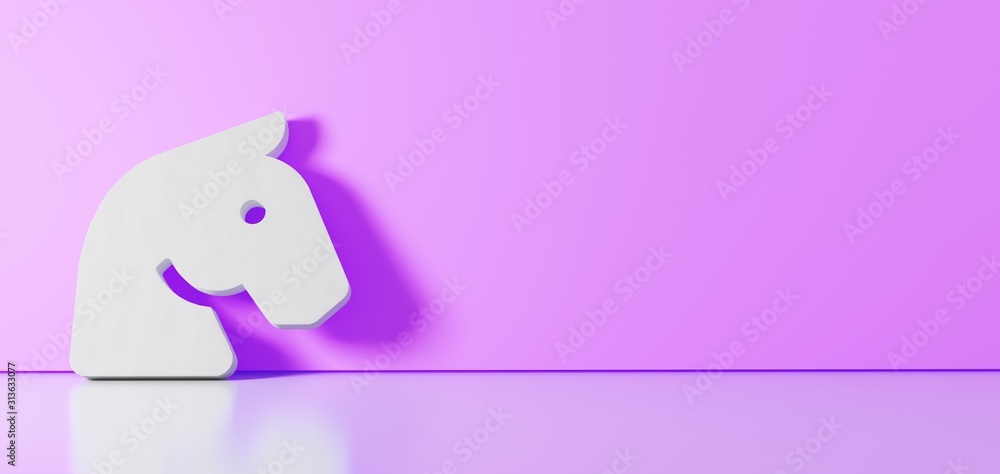 3D rendering of white symbol of horse head icon leaning on color wall with floor reflection with empty space on right side 3D rendering of white symbol of horse head icon leaning on color wall with floor reflection with empty space on right side
