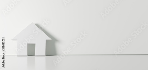 3D rendering of white symbol of home button icon leaning on color wall with floor reflection with empty space on right side