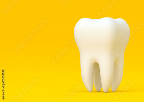 Dental model of premolar tooth on yellow background. Concept of dental examination teeth, dental health and hygiene. 3d rendering illustration