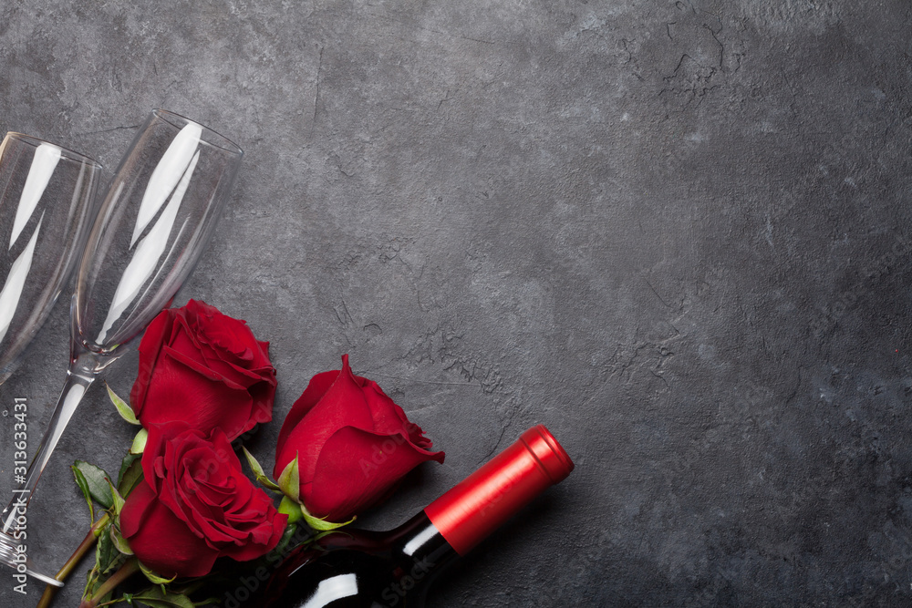 Valentines day with wine and roses - obrazy, fototapety, plakaty 