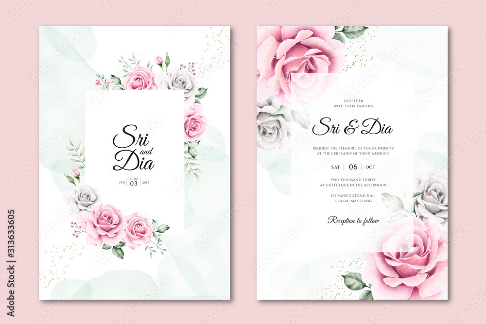 Beautiful wedding invitation template with pink roses flowers watercolor