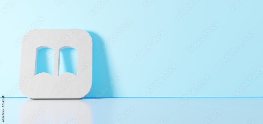 3D rendering of white symbol of iBook icon leaning on color wall with floor reflection with empty space on right side 3D rendering of white symbol of iBook icon leaning on color wall with floor reflection with empty space on right side