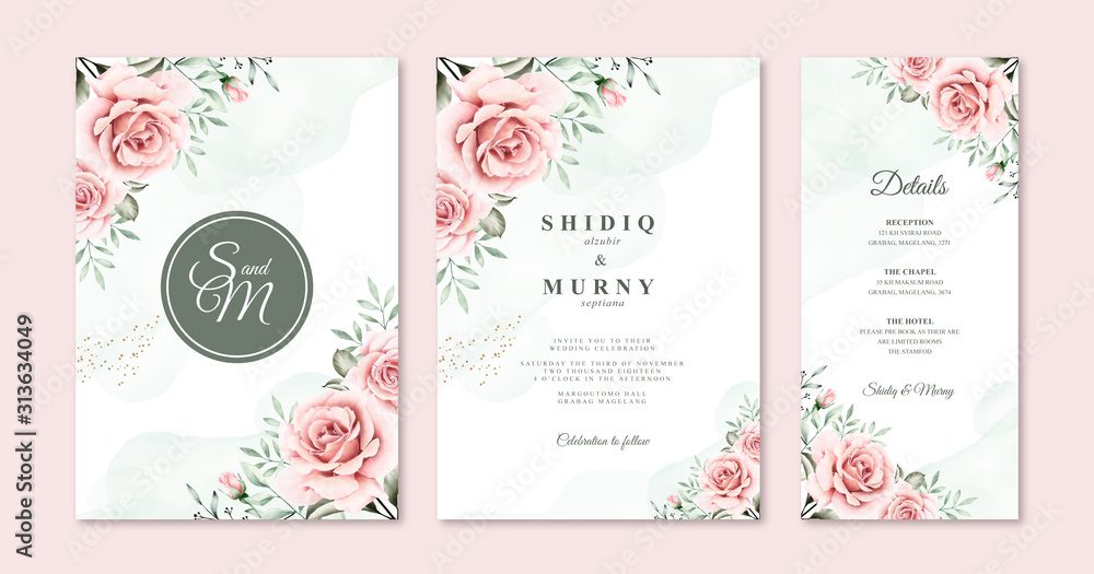 Wedding invitation card set with romantic floral watercolor
