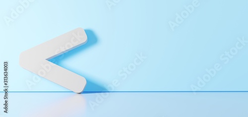 3D rendering of white symbol of less than icon leaning on color wall with floor reflection with empty space on right side photo