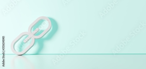 3D rendering of white symbol of link icon leaning on color wall with floor reflection with empty space on right side