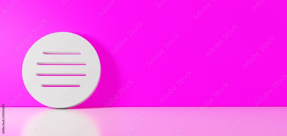 3D rendering of white symbol of menu icon leaning on color wall with floor reflection with empty space on right side
