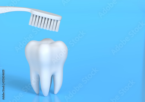 Toothbrush and white tooth on a blue background. Concept of dental examination teeth, dental health and hygiene. 3d rendering illustration