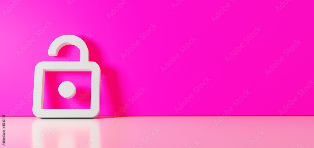 3D rendering of white symbol of open icon leaning on color wall with floor reflection with empty space on right side 3D rendering of white symbol of open icon leaning on color wall with floor reflection with empty space on right side